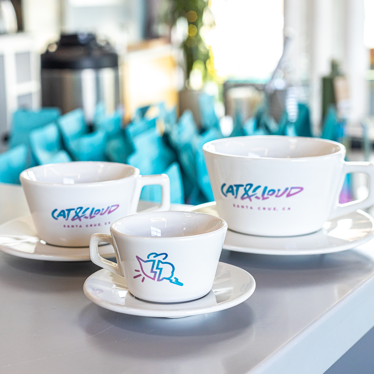 group photo of all sizes of Cat & Cloud Coffee cafe ceramics